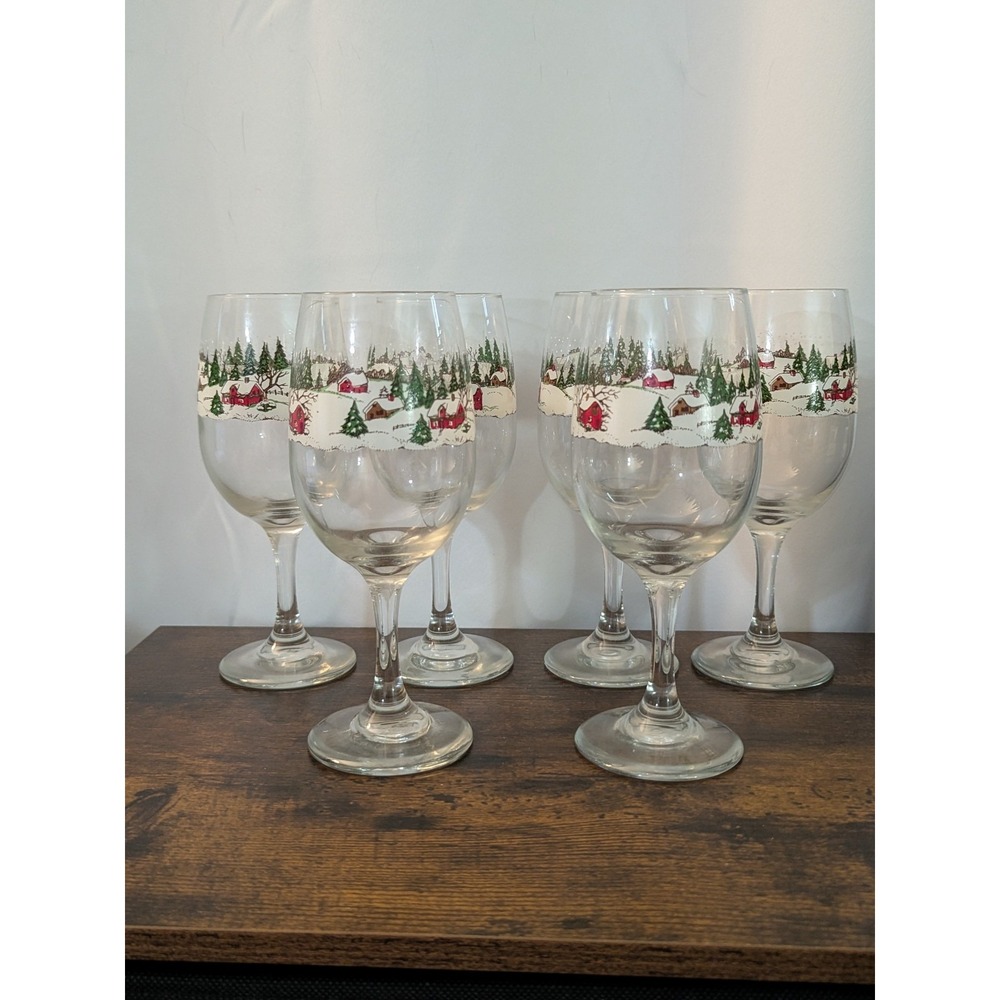 Set of 6 Vintage Libbey Winter Village Water Goblets Wine Glasses Christmas